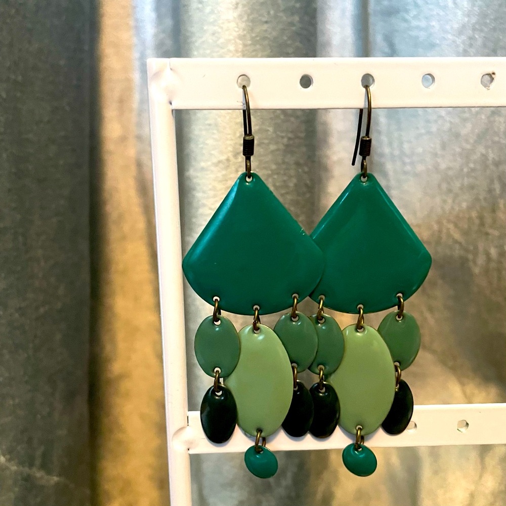 3 for $12 Greenish blue jewel toned dangling earrings.